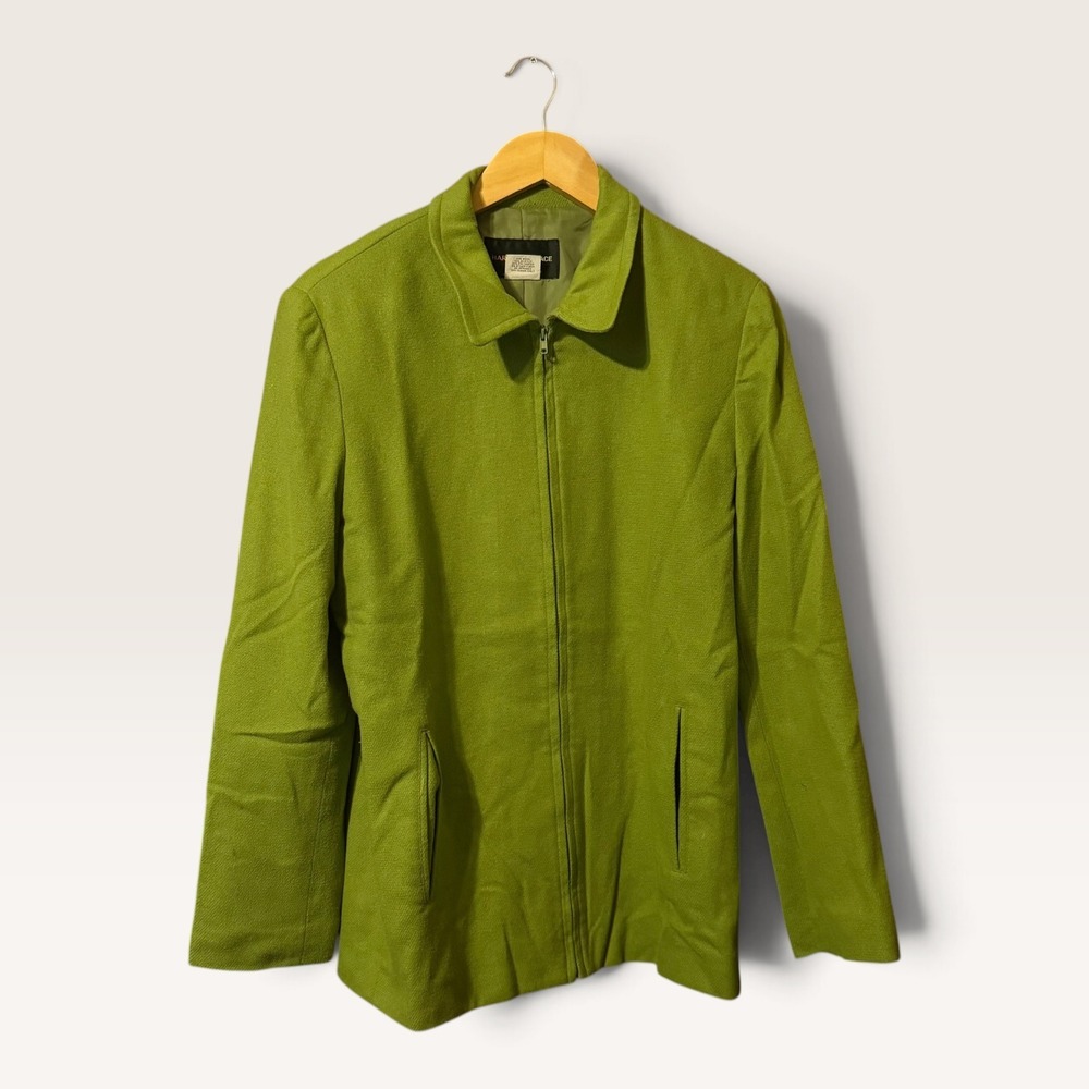 Harris Wallace Green Wool Blend Zip Front Jacket Size 8 Textured Minimalist